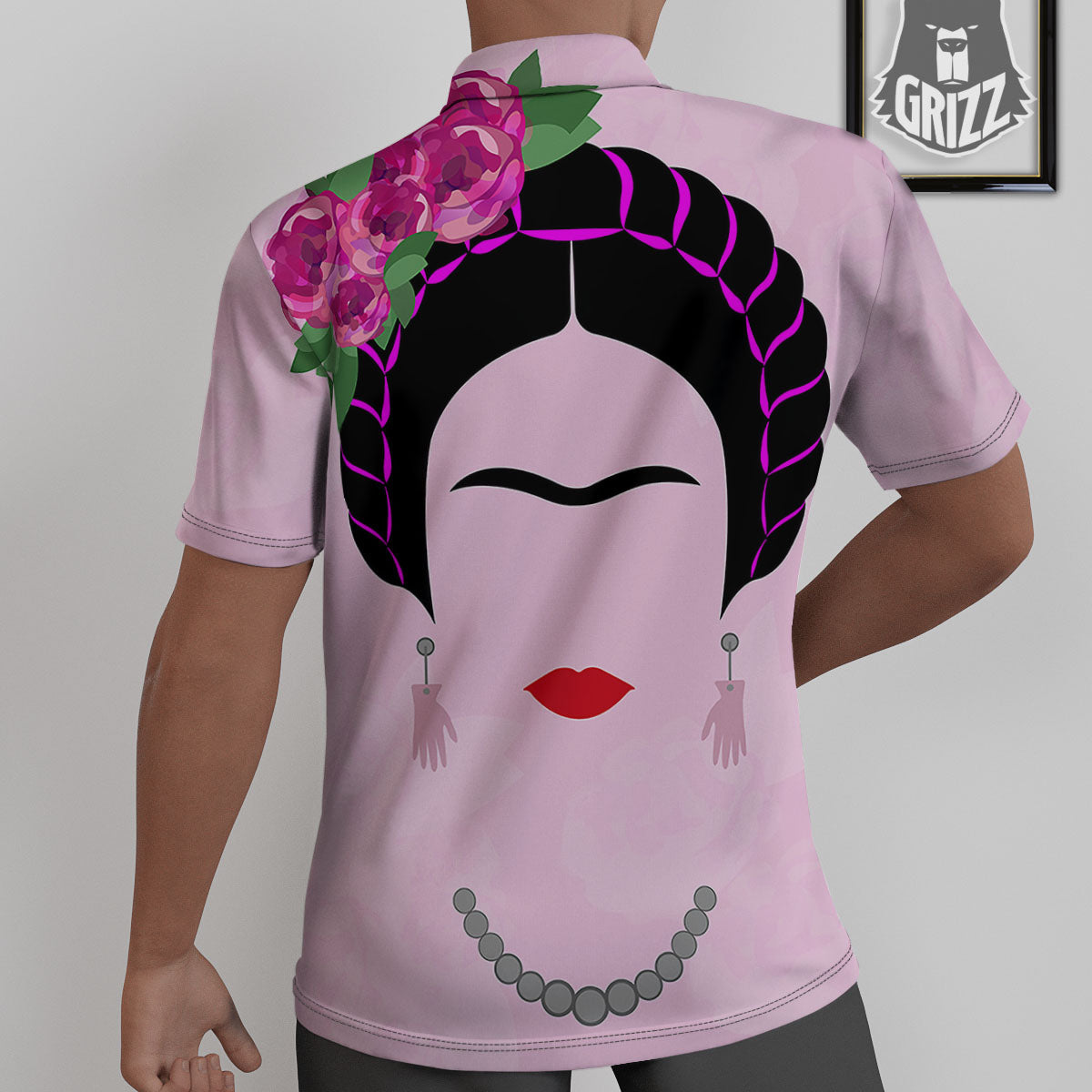 Pink Flower And Frida Kahlo Print Untucked Shirts-grizzshop