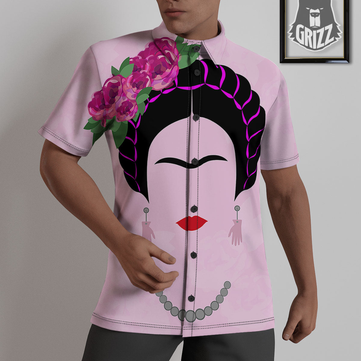 Pink Flower And Frida Kahlo Print Untucked Shirts-grizzshop