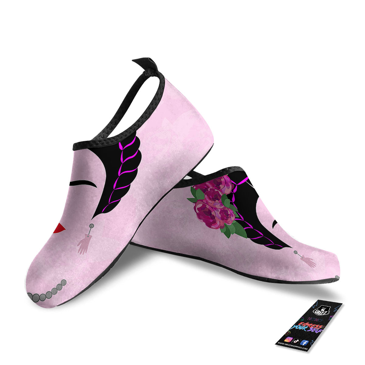 Pink Flower And Frida Kahlo Print Water Shoes-grizzshop