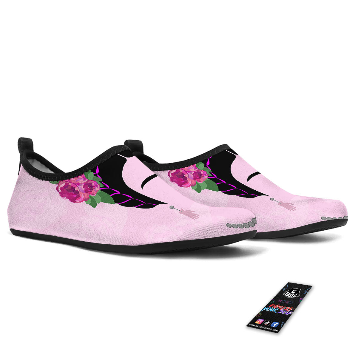 Pink Flower And Frida Kahlo Print Water Shoes-grizzshop