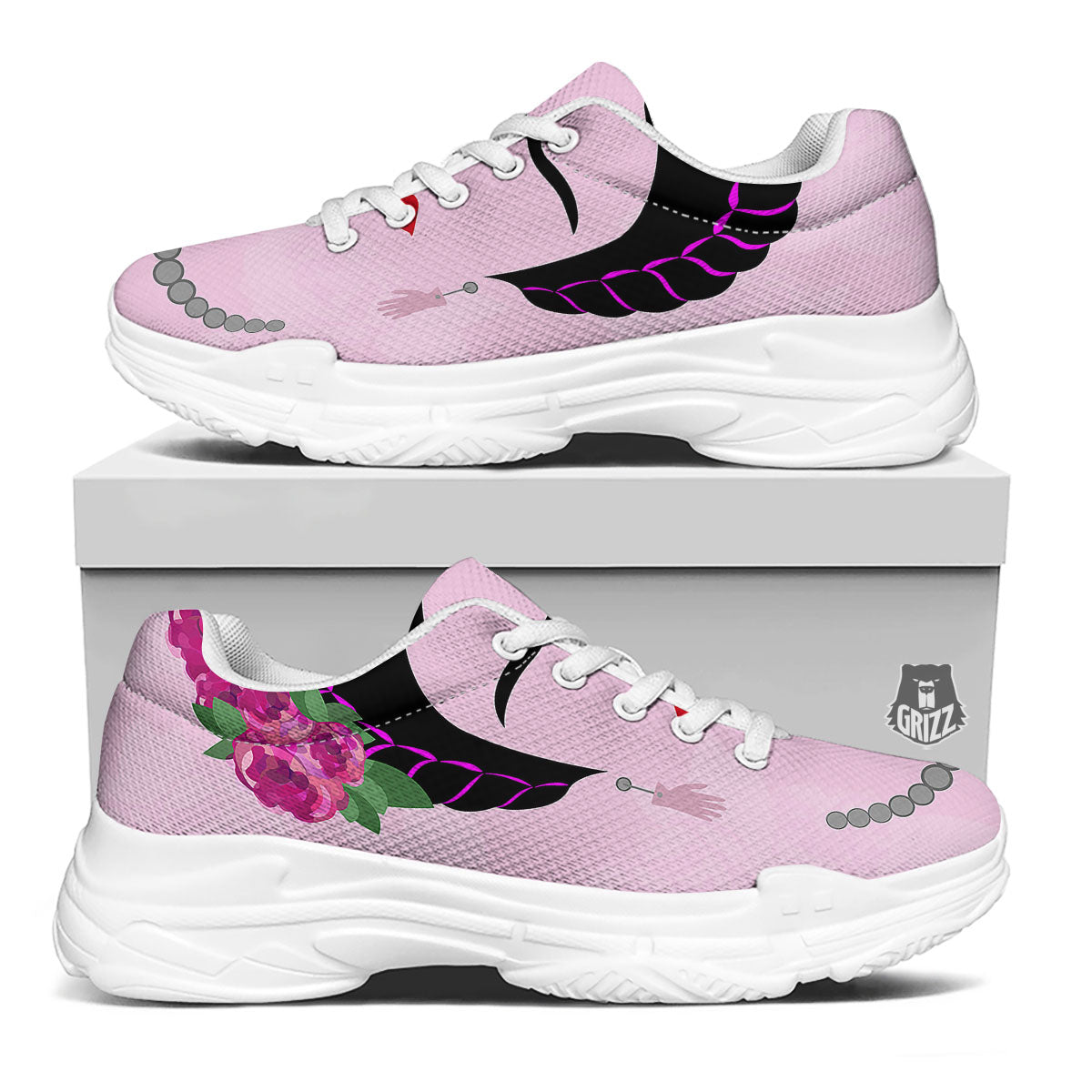 Pink Flower And Frida Kahlo Print White Chunky Shoes-grizzshop