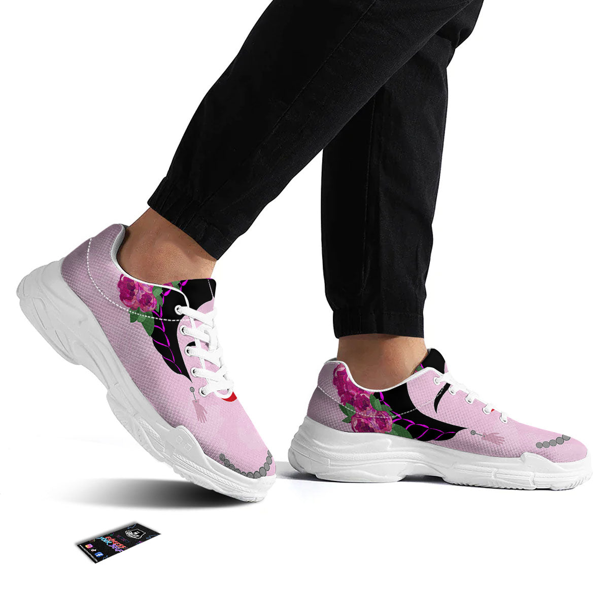 Pink Flower And Frida Kahlo Print White Chunky Shoes-grizzshop