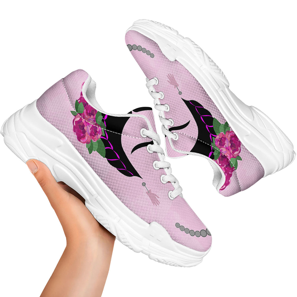 Pink Flower And Frida Kahlo Print White Chunky Shoes-grizzshop