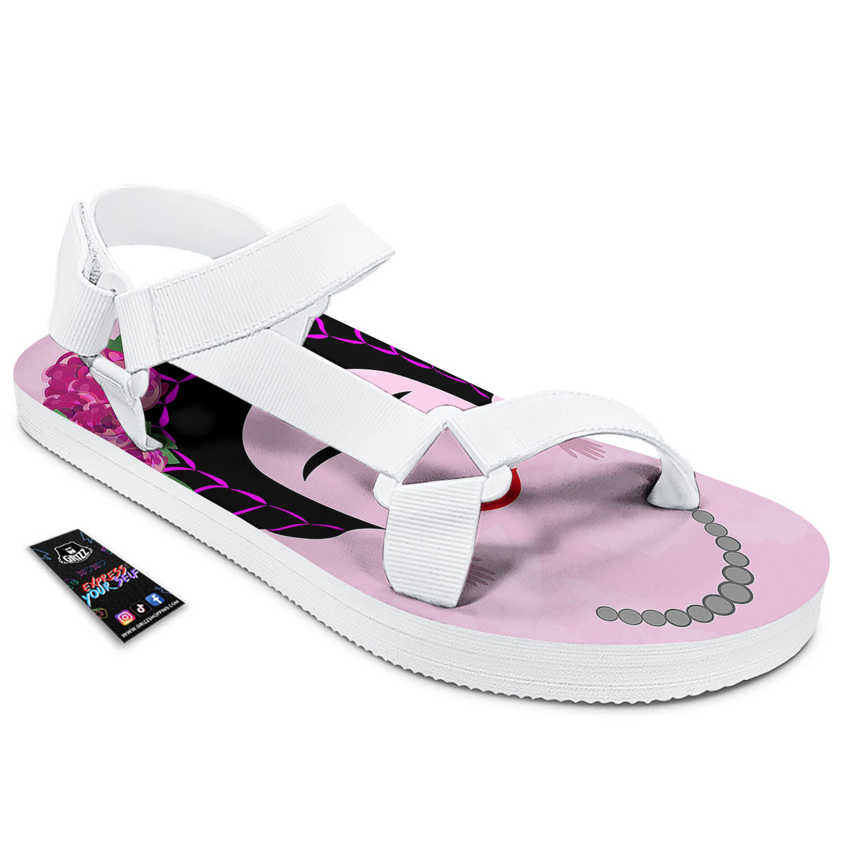 Pink Flower And Frida Kahlo Print White Open Toe Sandals-grizzshop