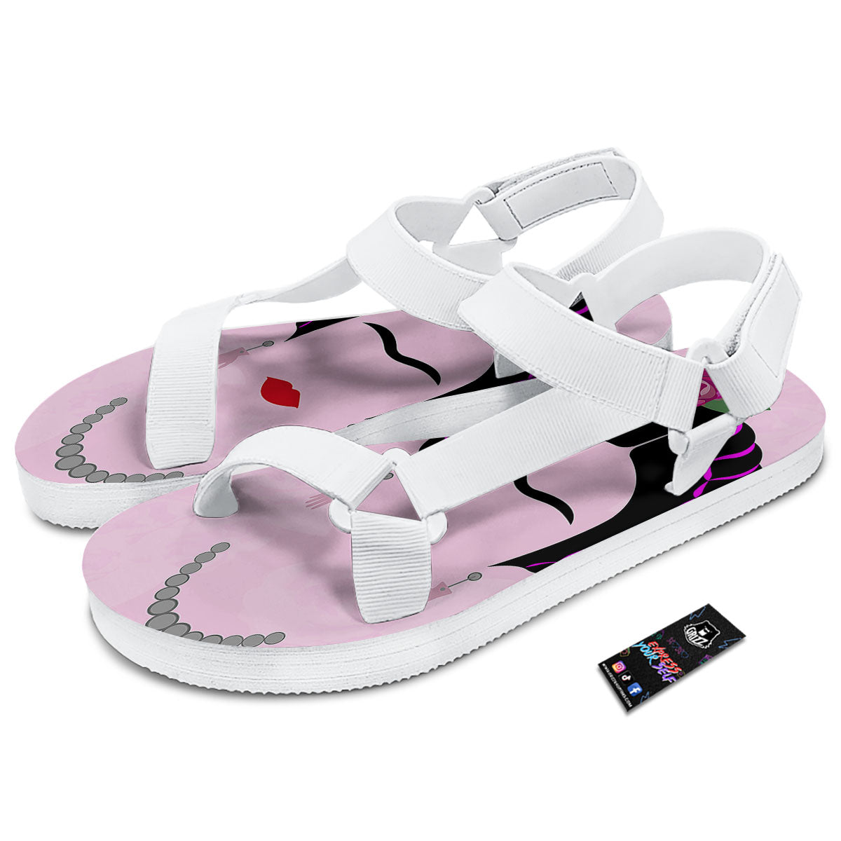 Pink Flower And Frida Kahlo Print White Open Toe Sandals-grizzshop