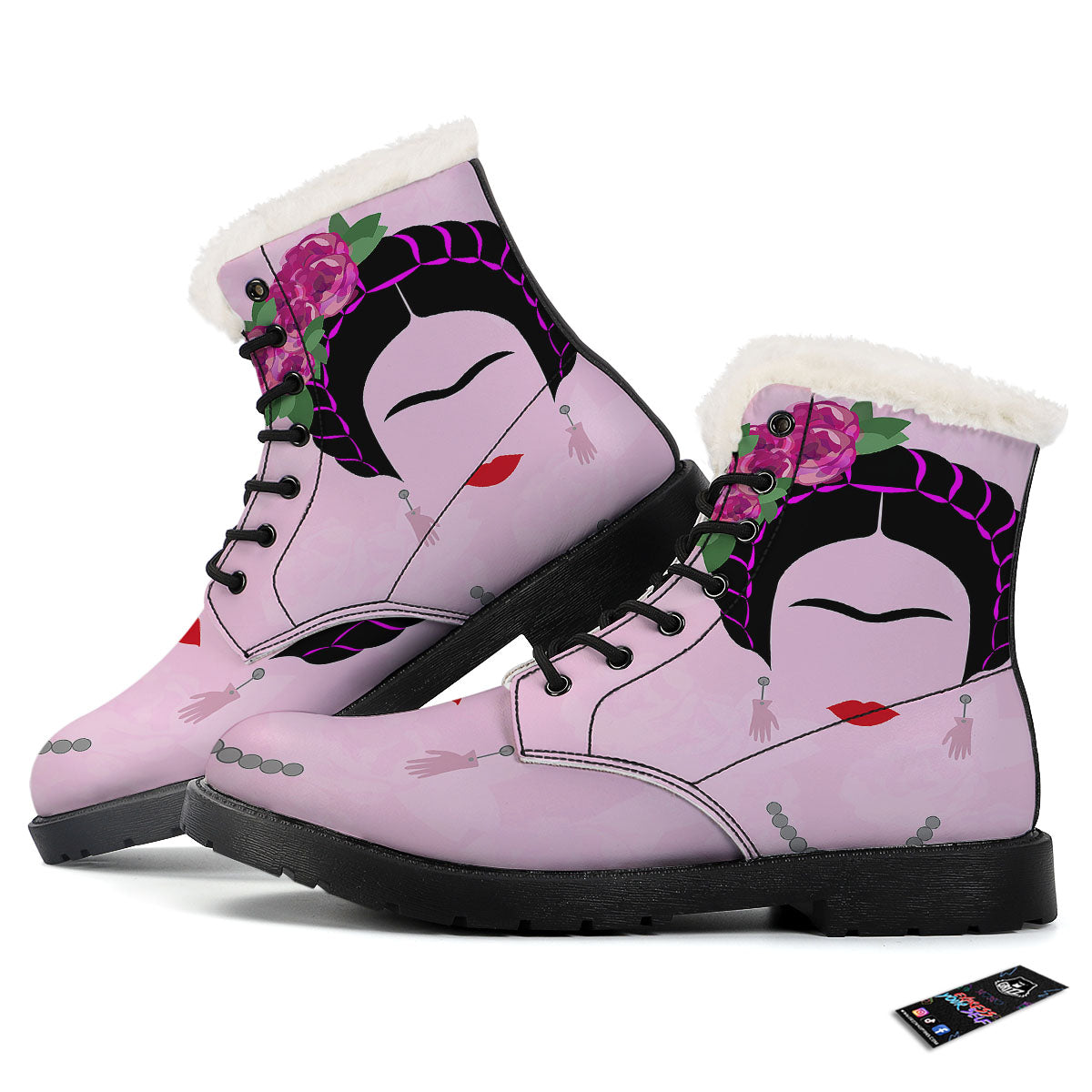 Pink Flower And Frida Kahlo Print Winter Boots-grizzshop