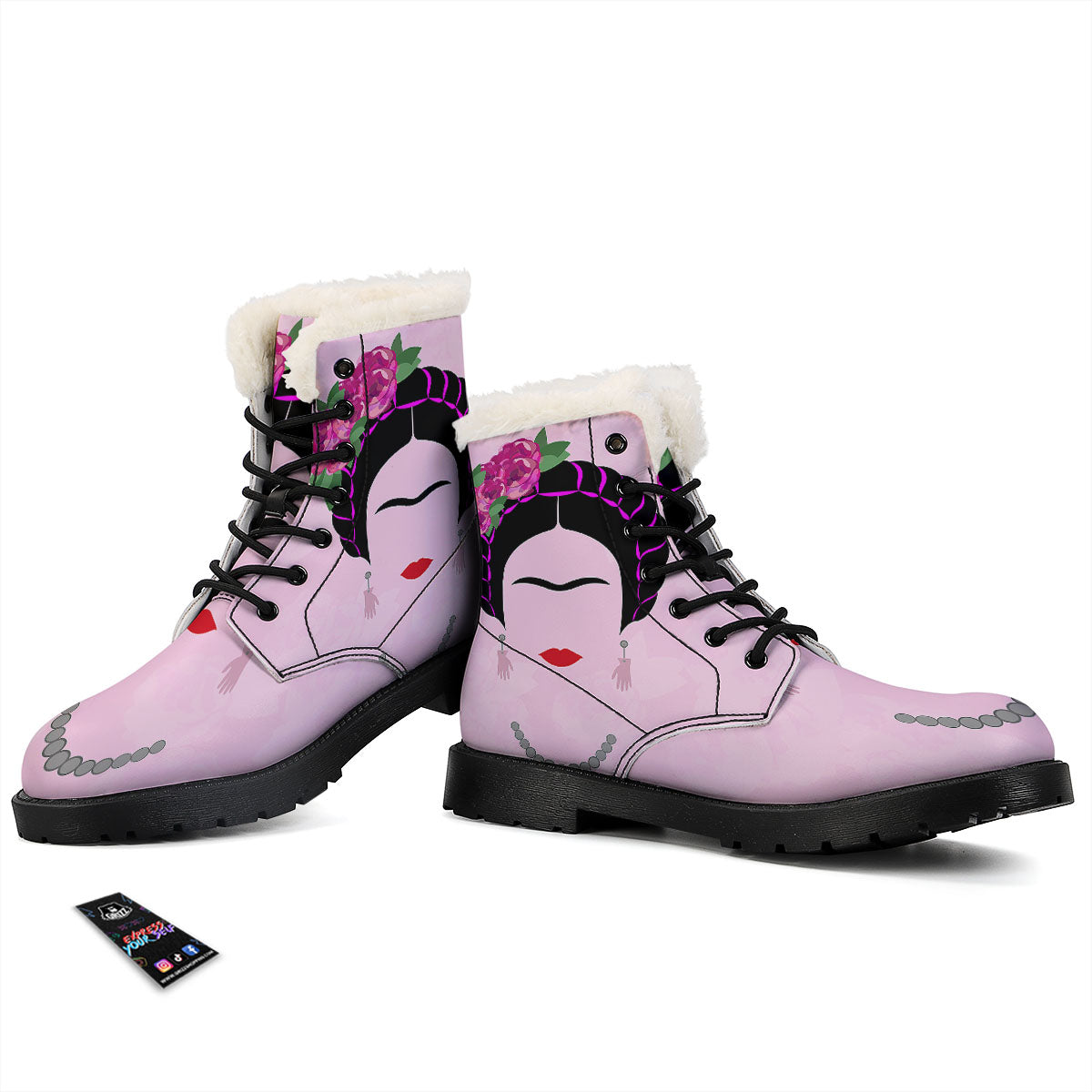 Pink Flower And Frida Kahlo Print Winter Boots-grizzshop