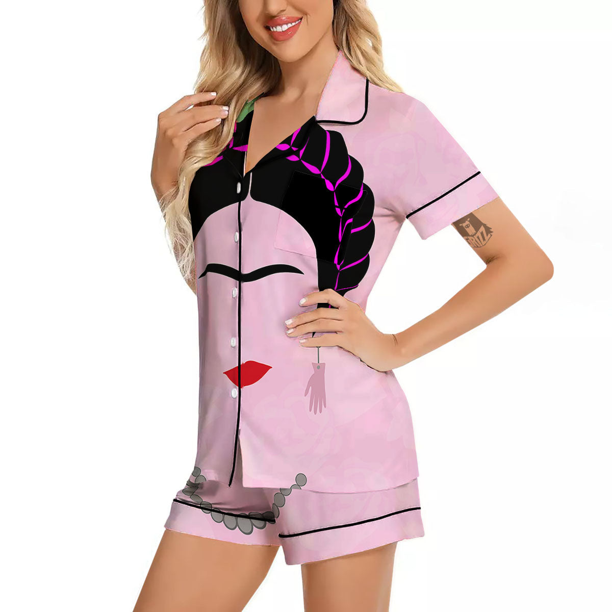 Pink Flower And Frida Kahlo Print Women Silk Pajamas-grizzshop