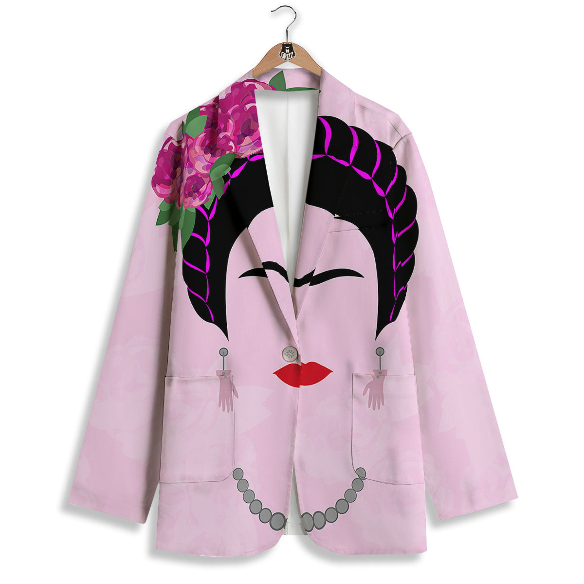 Pink Flower And Frida Kahlo Print Women's Blazer-grizzshop