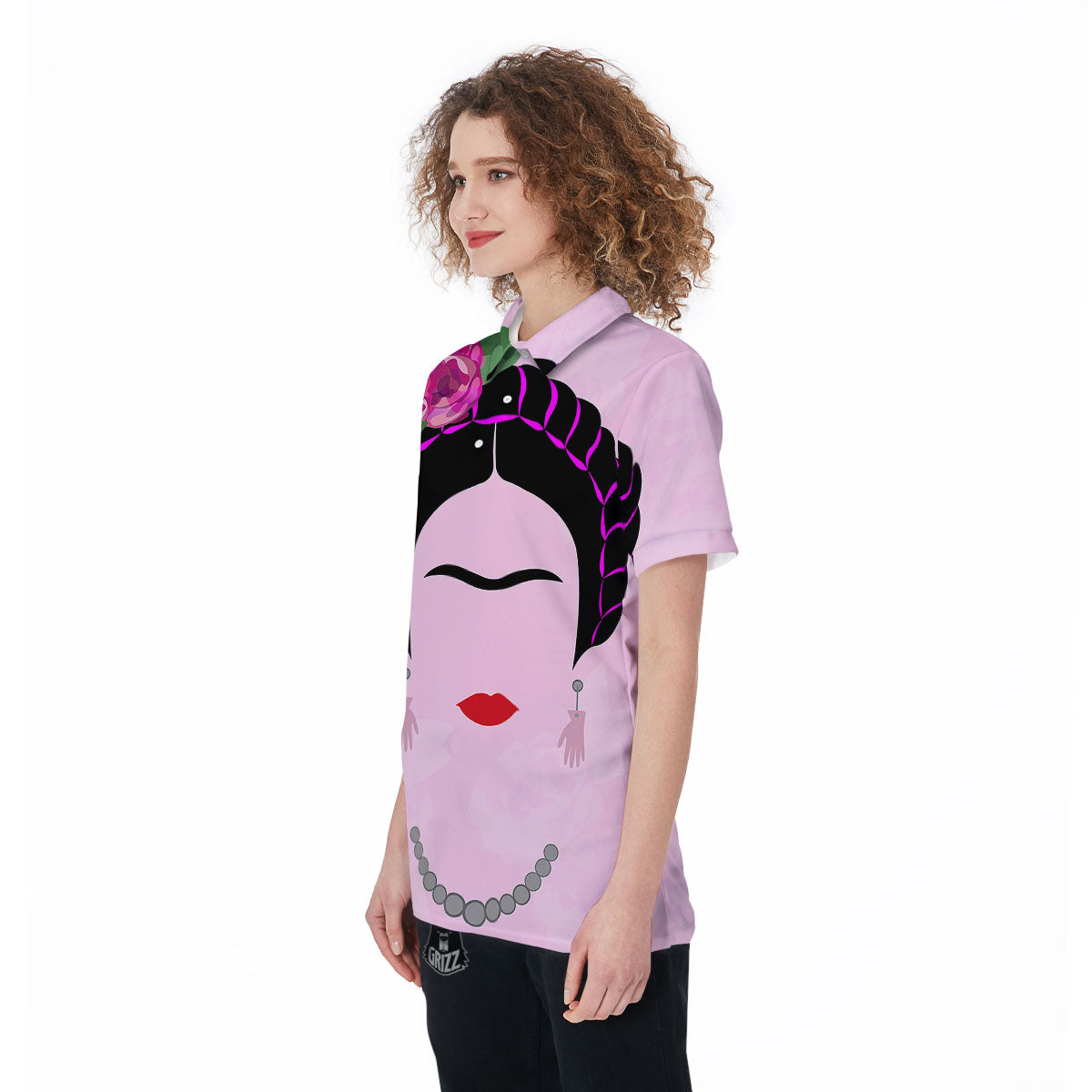 Pink Flower And Frida Kahlo Print Women's Golf Shirts-grizzshop