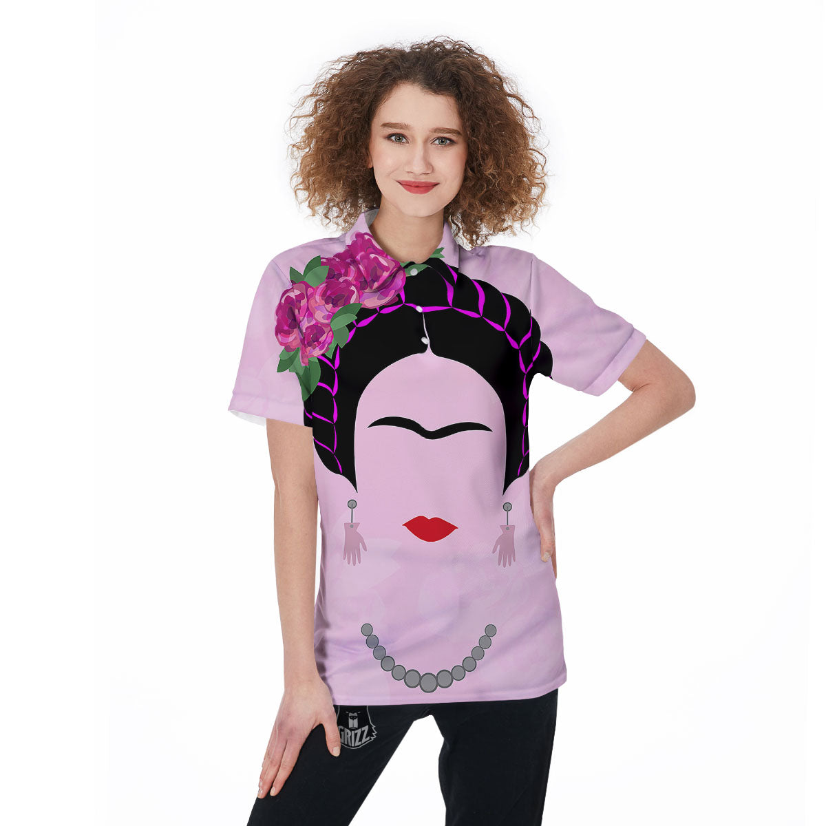 Pink Flower And Frida Kahlo Print Women's Golf Shirts-grizzshop