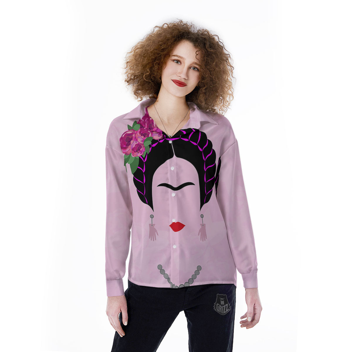 Pink Flower And Frida Kahlo Print Women's Long Sleeve Shirts-grizzshop