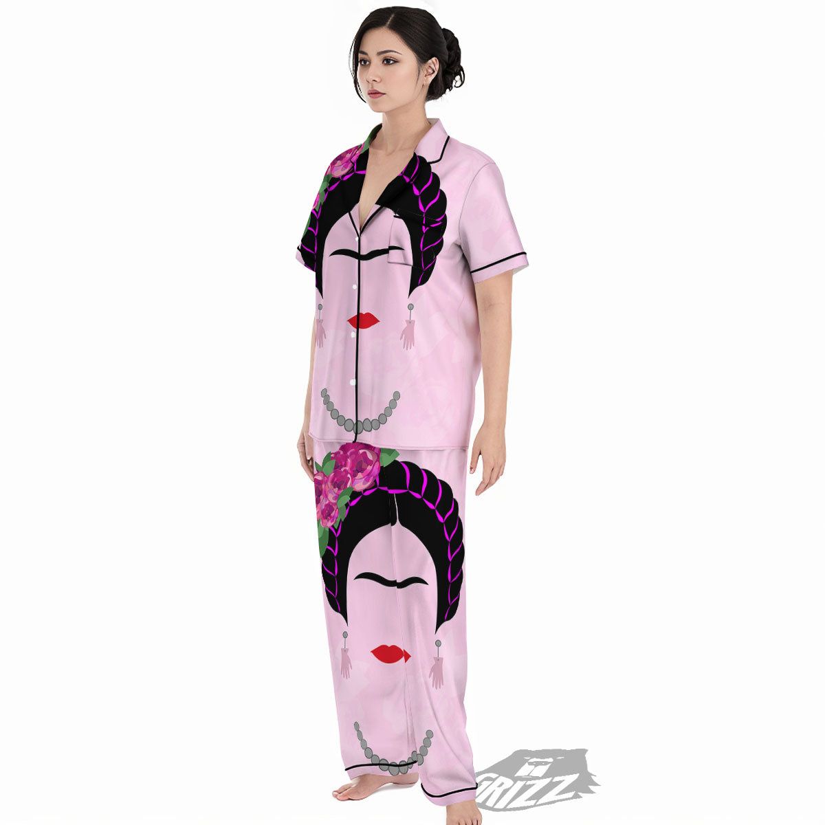 Pink Flower And Frida Kahlo Print Women's Pajamas Set-grizzshop