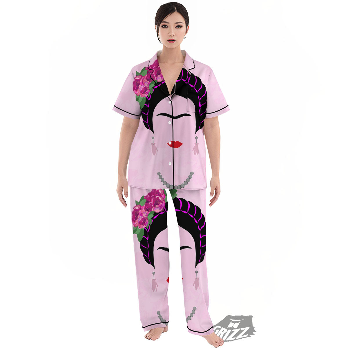 Pink Flower And Frida Kahlo Print Women's Pajamas Set-grizzshop