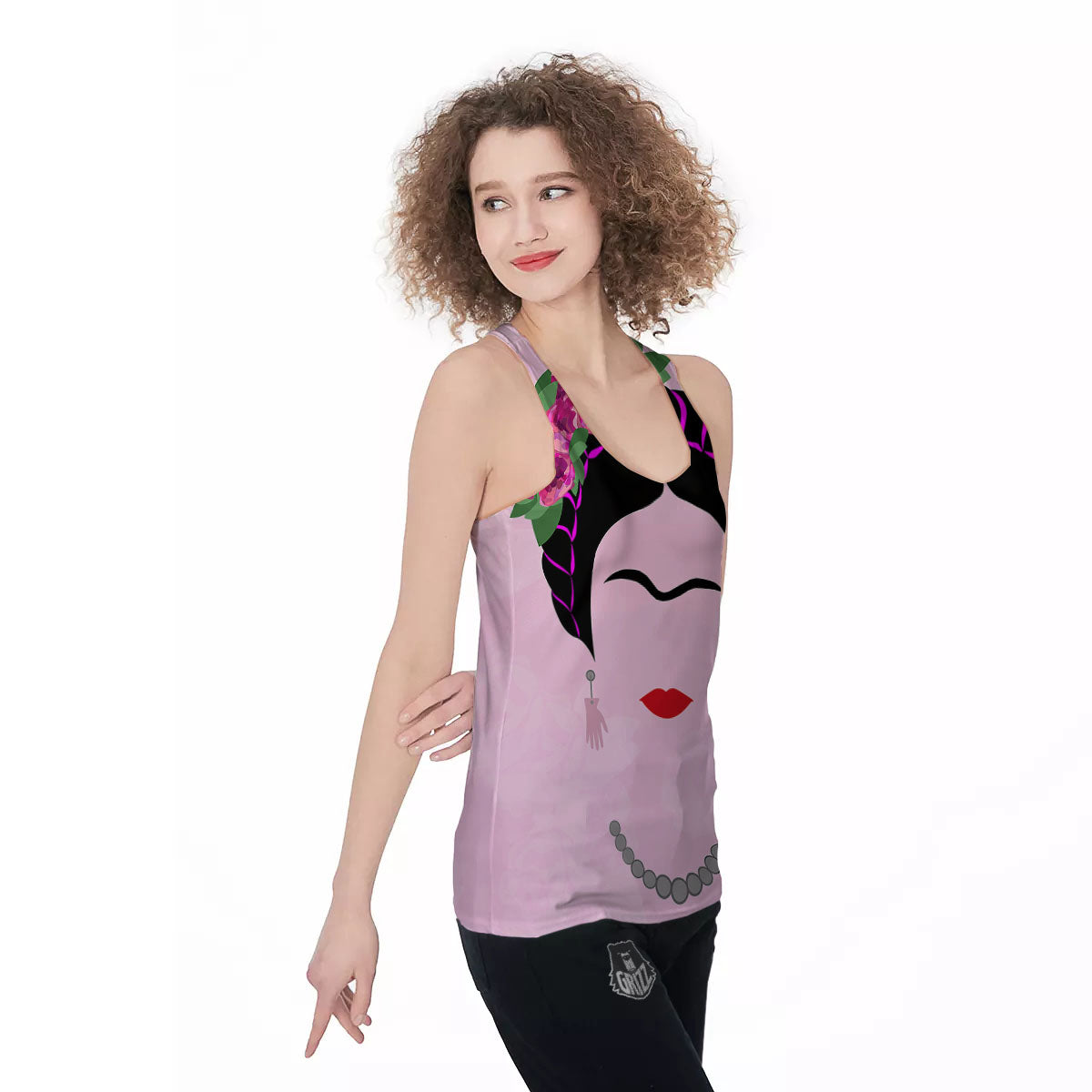 Pink Flower And Frida Kahlo Print Women's Racerback Tank Top-grizzshop
