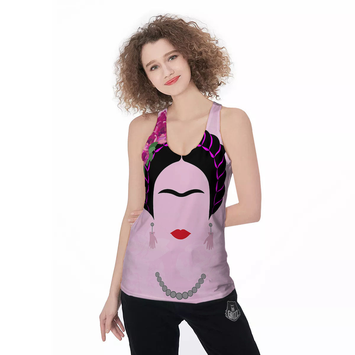 Pink Flower And Frida Kahlo Print Women's Racerback Tank Top-grizzshop