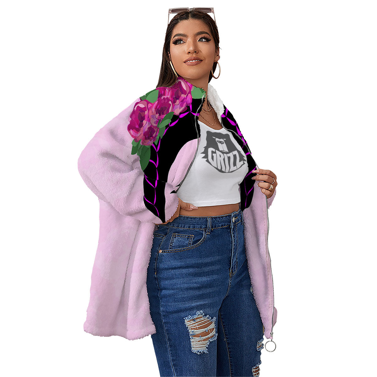 Pink Flower And Frida Kahlo Print Women's Sherpa Jacket-grizzshop