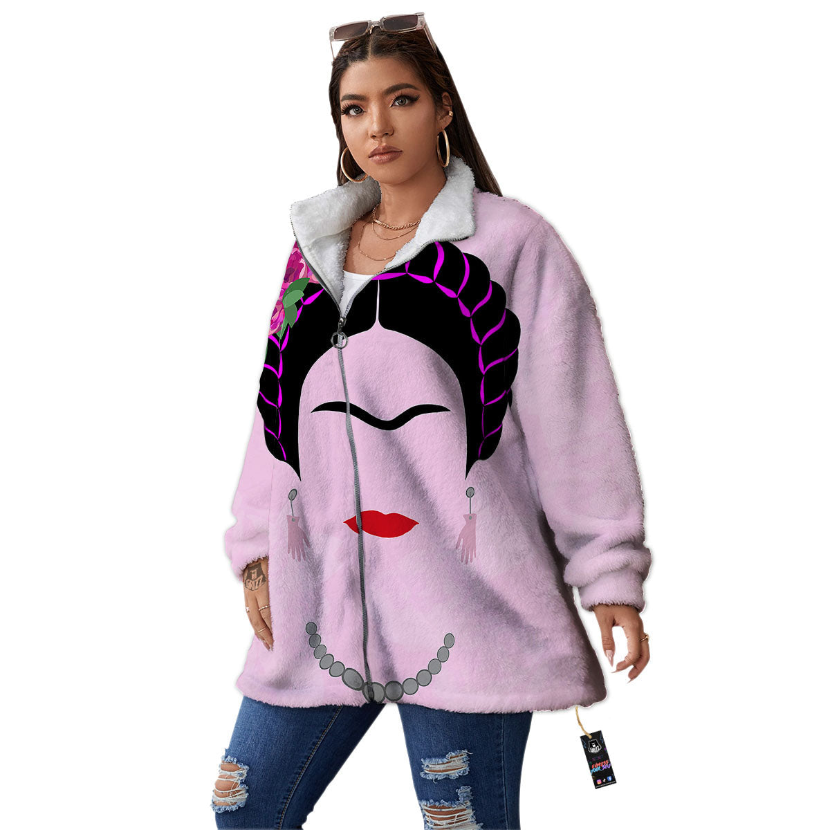 Pink Flower And Frida Kahlo Print Women's Sherpa Jacket-grizzshop