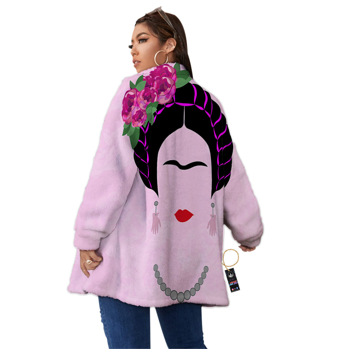 Pink Flower And Frida Kahlo Print Women's Sherpa Jacket-grizzshop