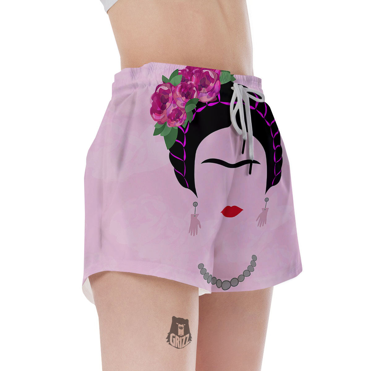 Pink Flower And Frida Kahlo Print Women's Shorts-grizzshop