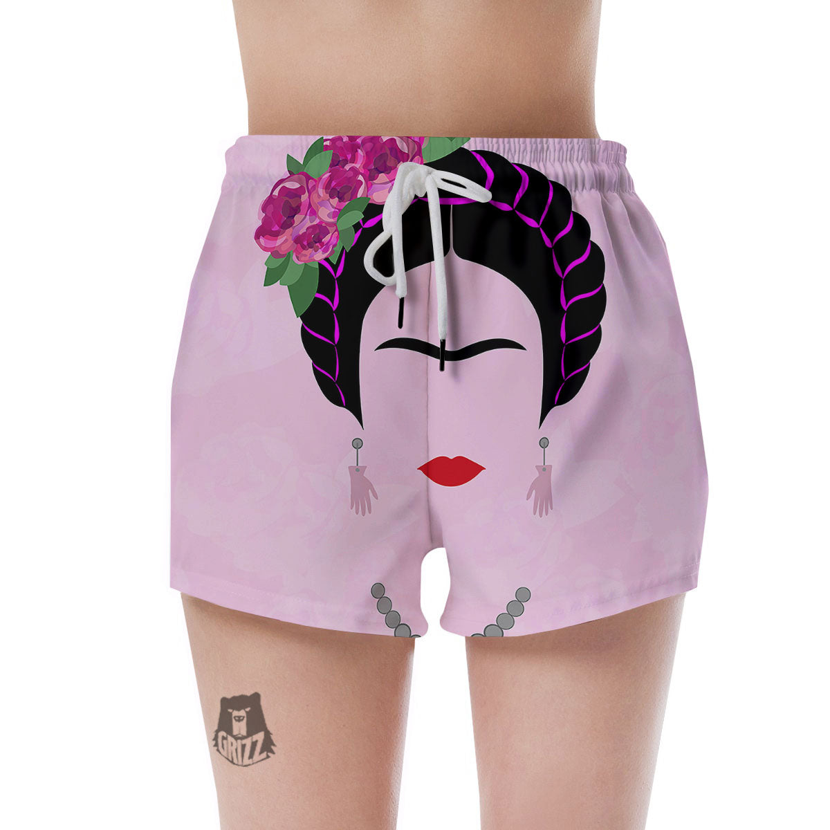 Pink Flower And Frida Kahlo Print Women's Shorts-grizzshop