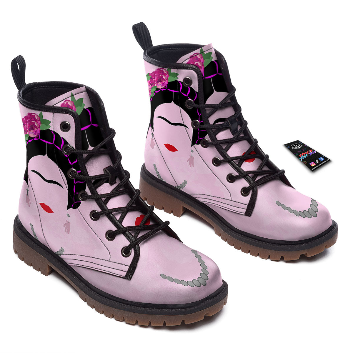 Pink Flower And Frida Kahlo Print Work Boots-grizzshop