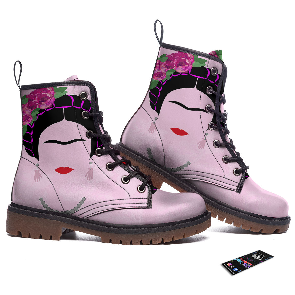 Pink Flower And Frida Kahlo Print Work Boots-grizzshop