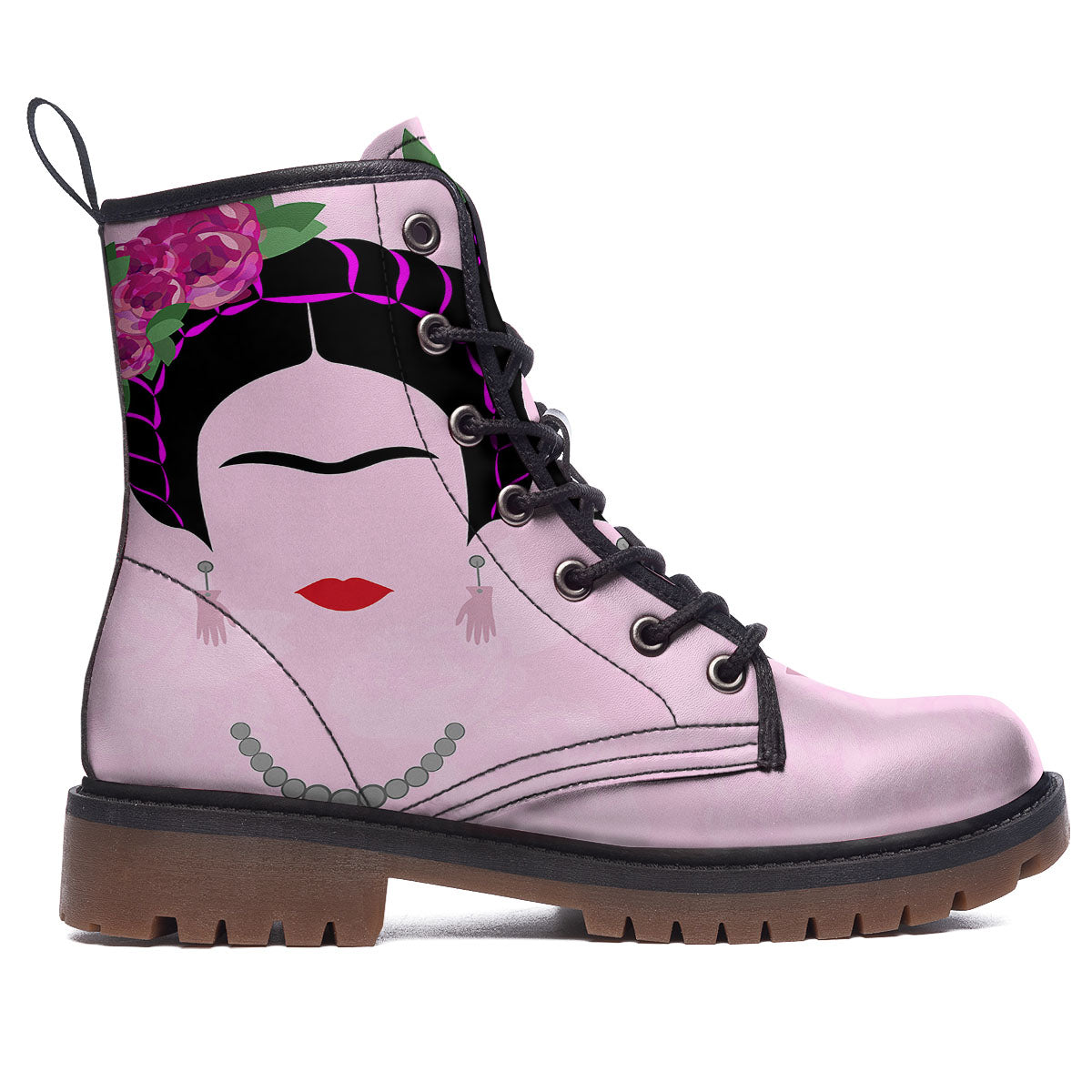 Pink Flower And Frida Kahlo Print Work Boots-grizzshop