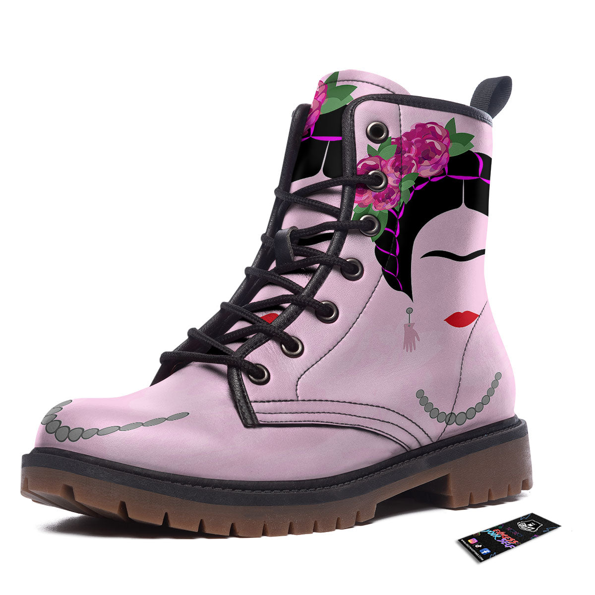 Pink Flower And Frida Kahlo Print Work Boots-grizzshop