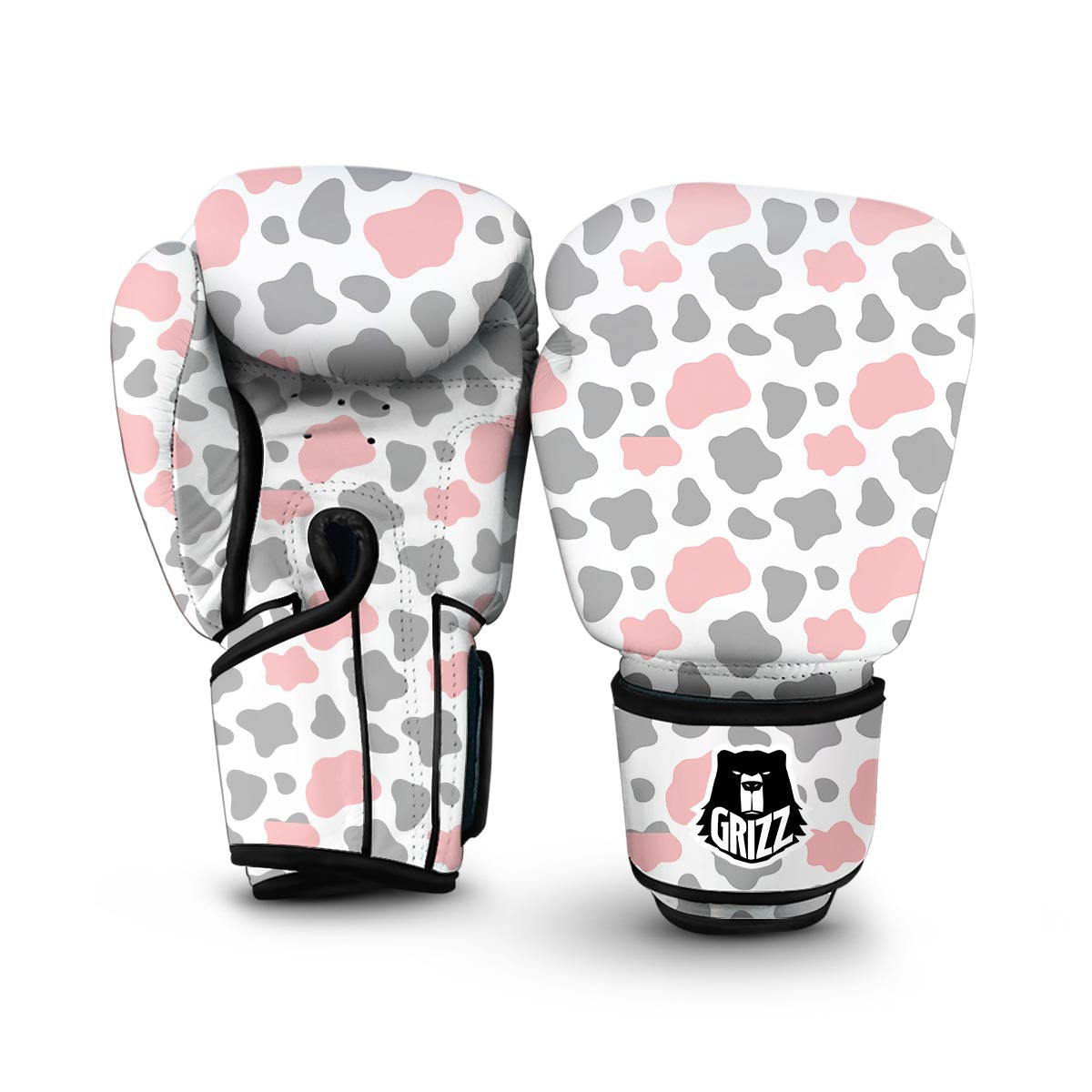 Pink Gray Cow Pattern Print Boxing Gloves-grizzshop