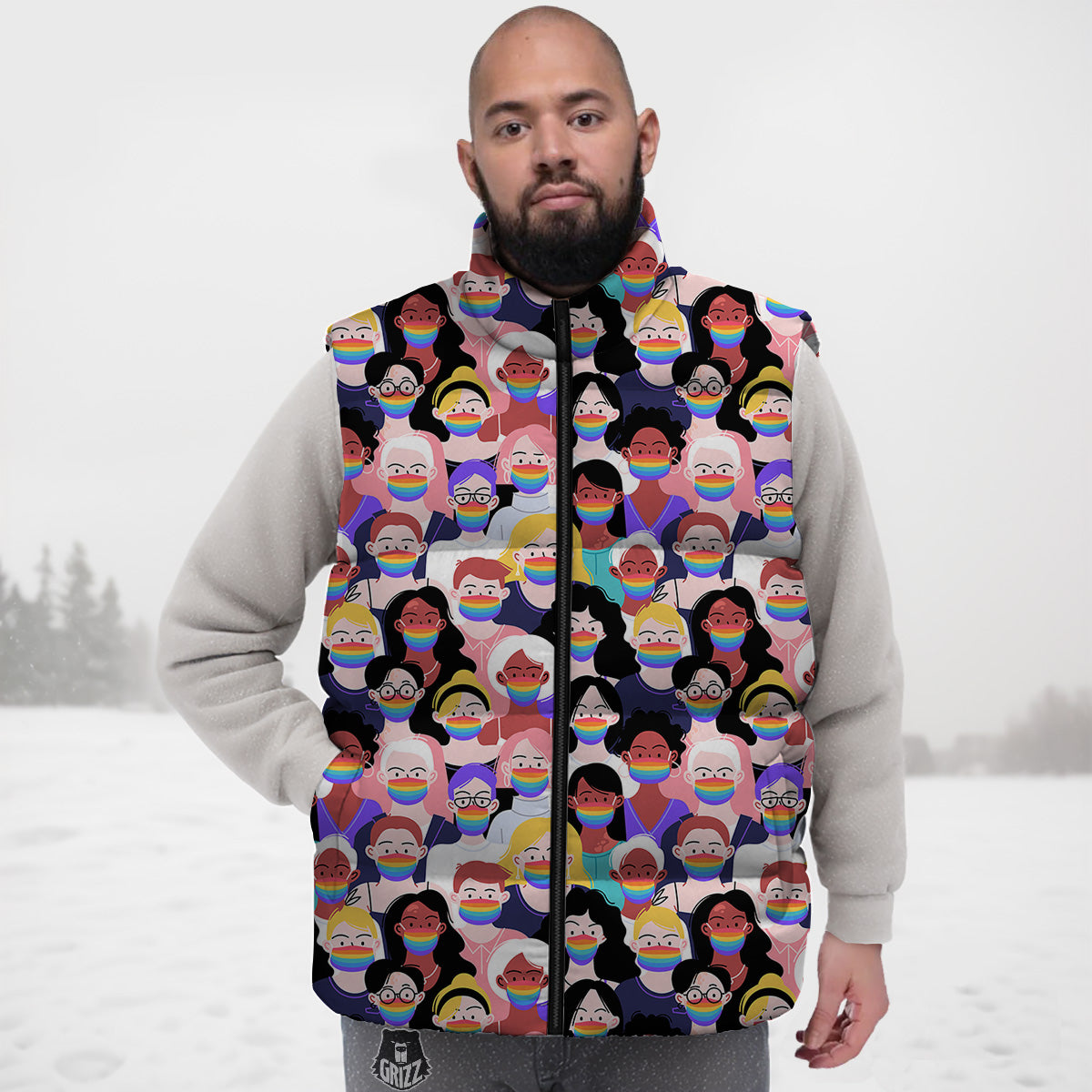 Pink Gray Cow Pattern Print Down Vest