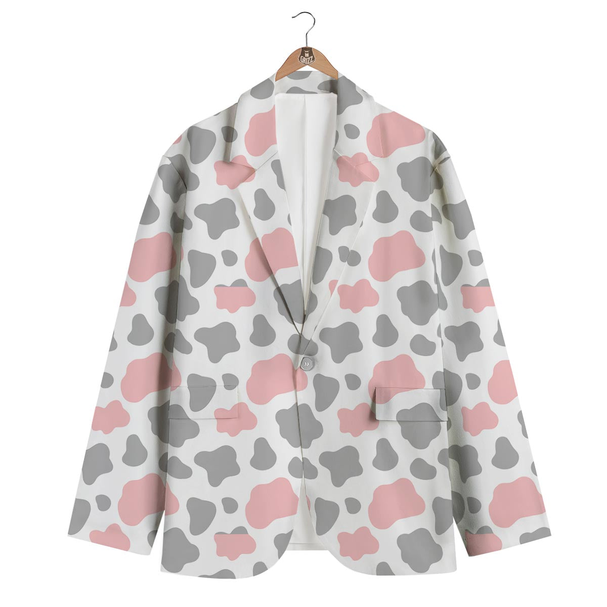 Pink Gray Cow Pattern Print Men's Blazer-grizzshop