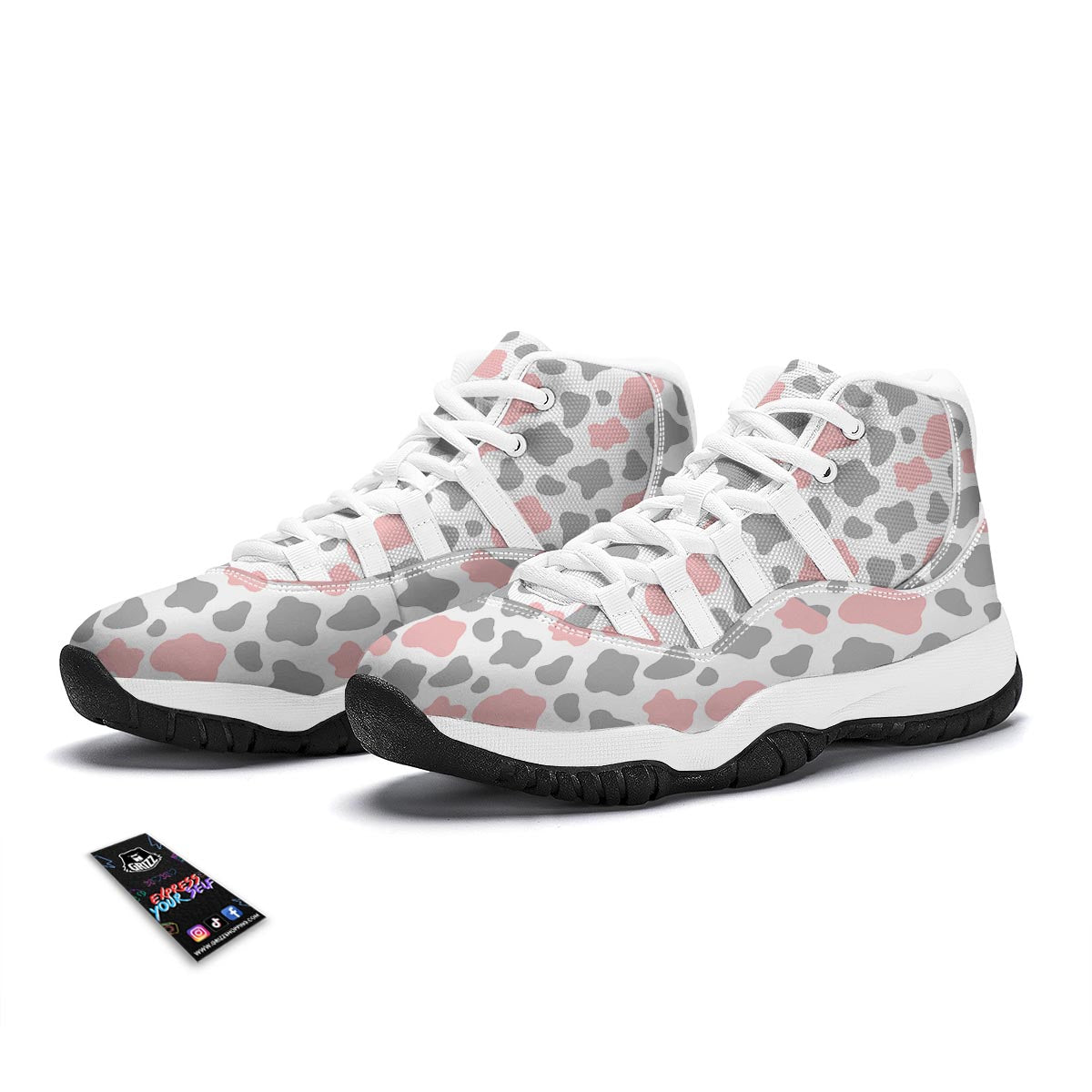 Pink Gray Cow Pattern Print White Bball Shoes-grizzshop