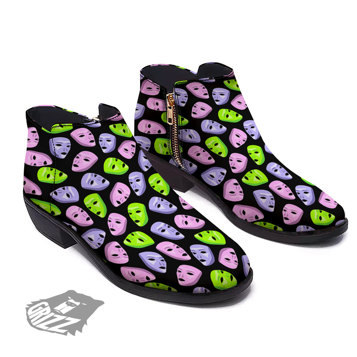 Pink Green And Purple Theater Masks Print Pattern Ankle Boots-grizzshop