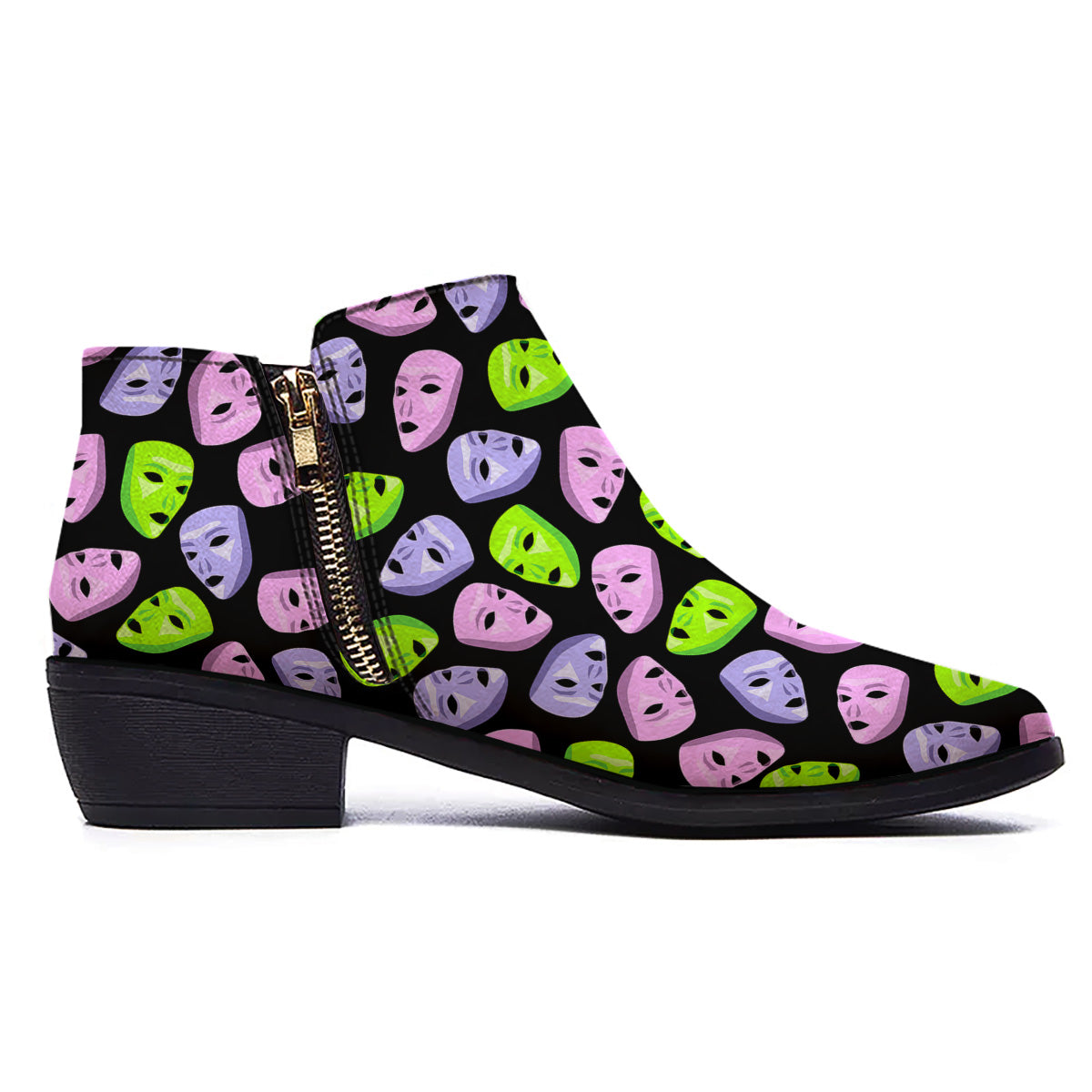 Pink Green And Purple Theater Masks Print Pattern Ankle Boots-grizzshop