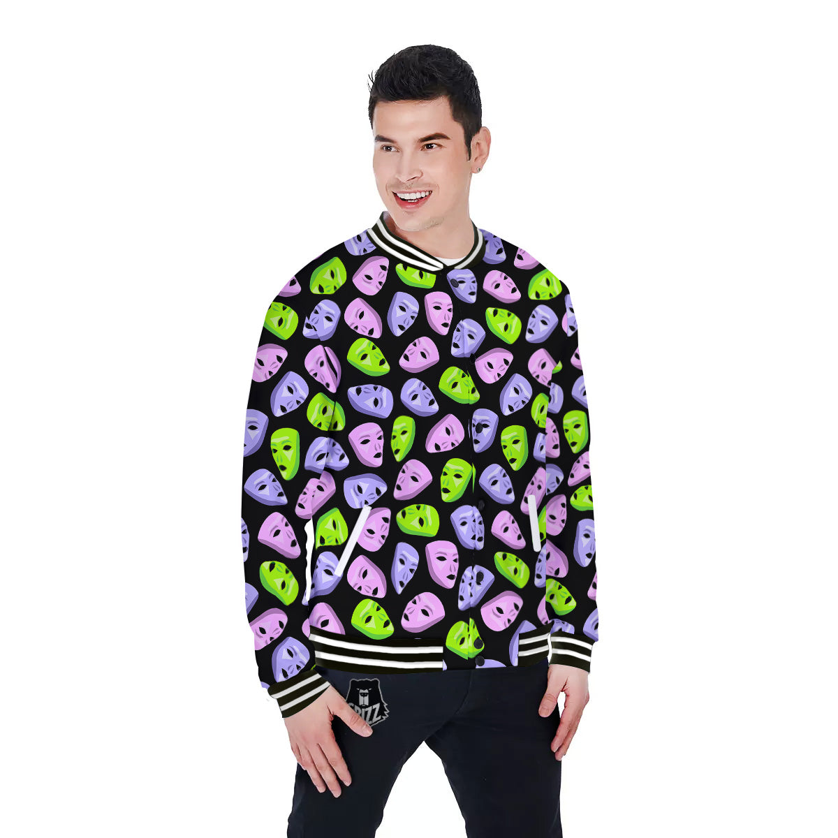Pink Green And Purple Theater Masks Print Pattern Baseball Jacket-grizzshop