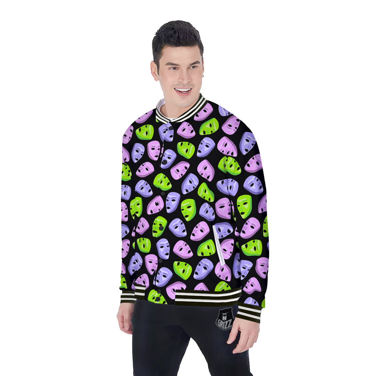 Pink Green And Purple Theater Masks Print Pattern Baseball Jacket-grizzshop