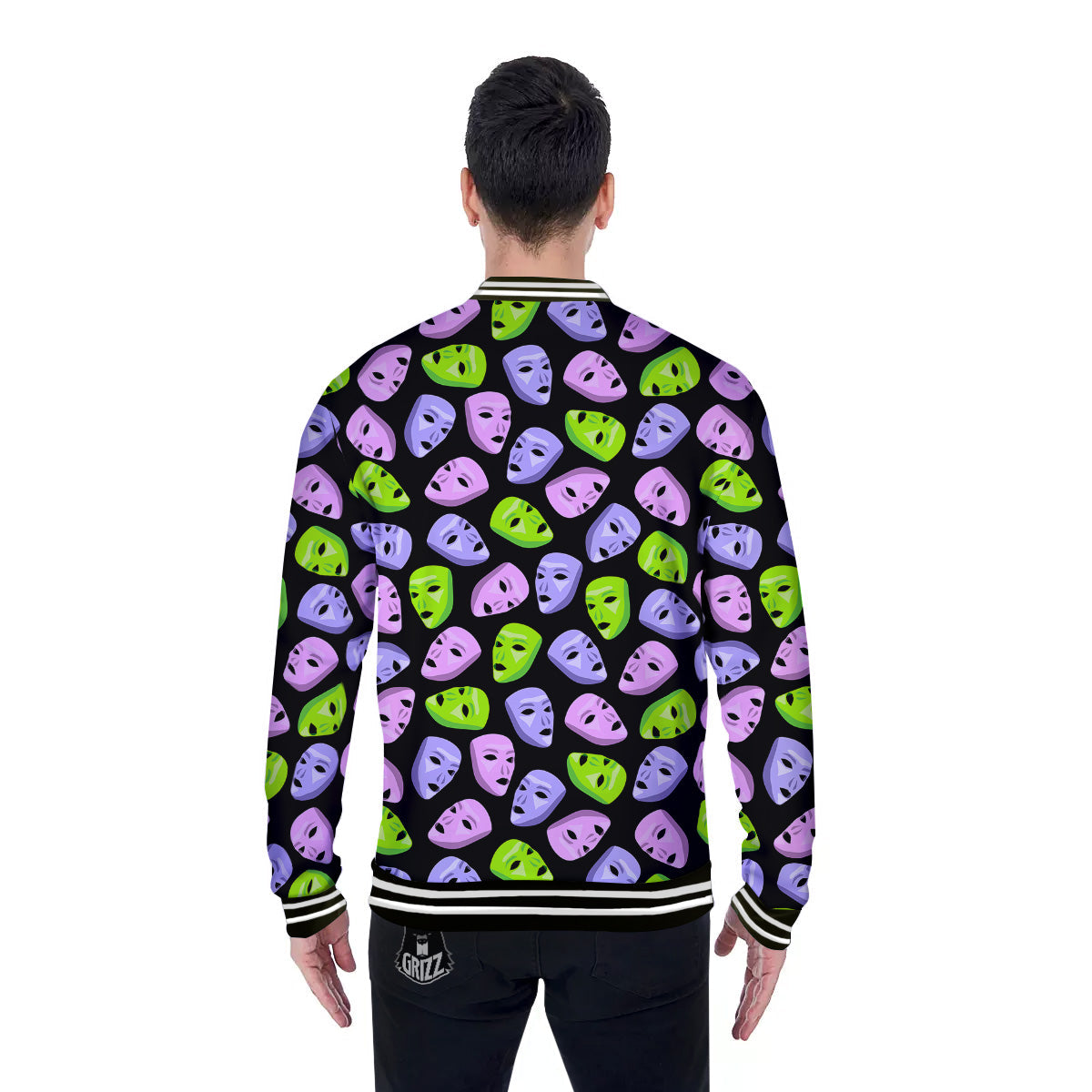 Pink Green And Purple Theater Masks Print Pattern Baseball Jacket-grizzshop