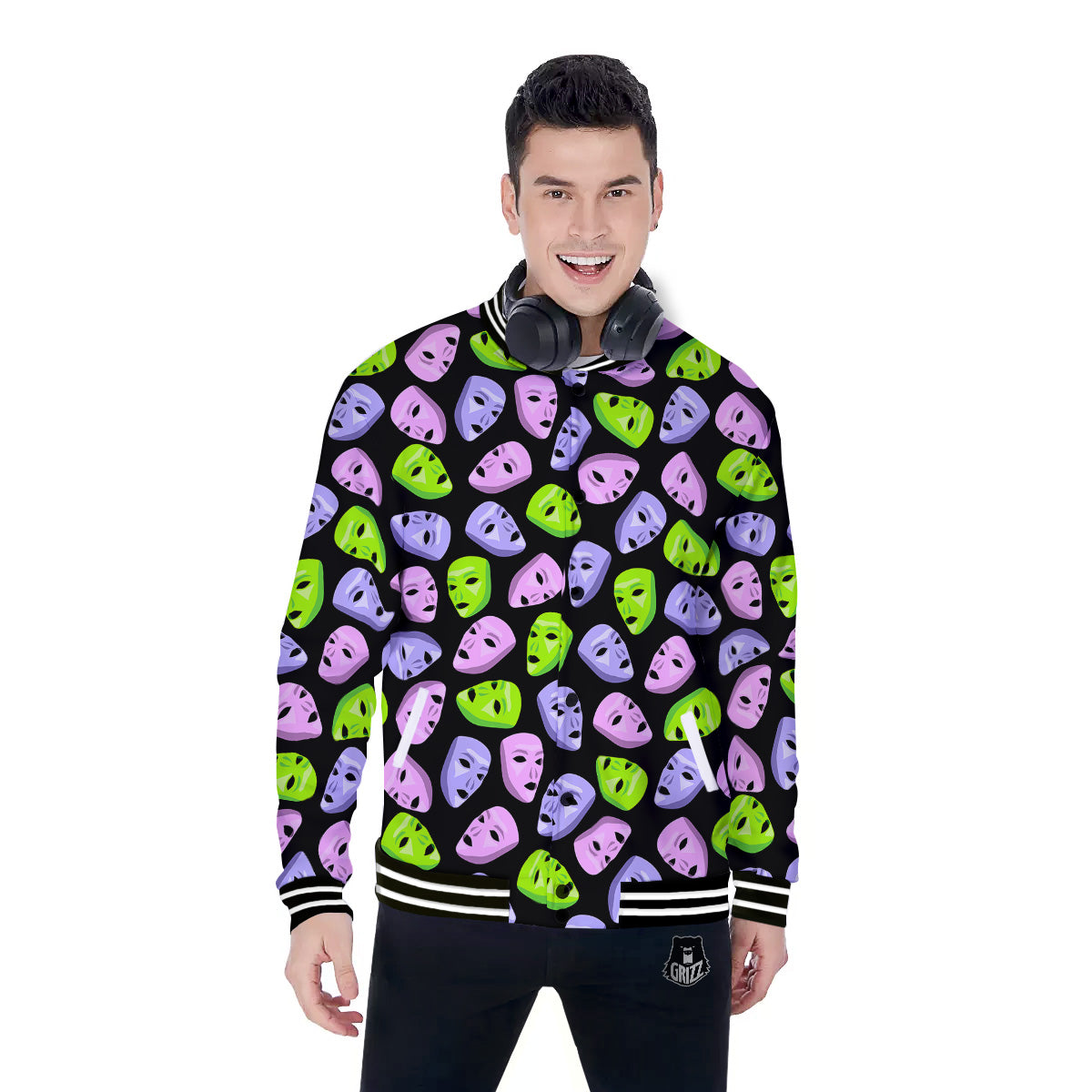 Pink Green And Purple Theater Masks Print Pattern Baseball Jacket-grizzshop
