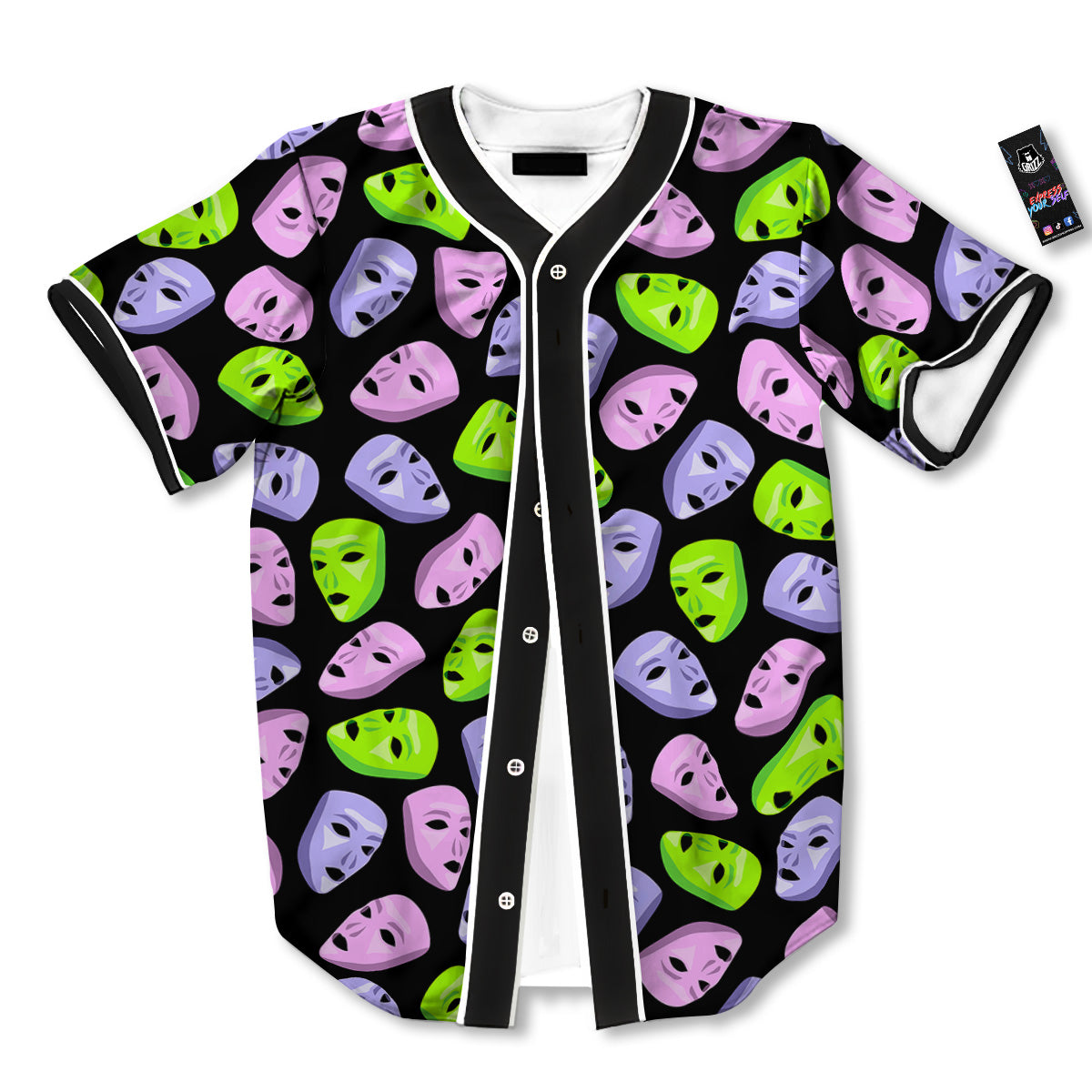 Pink Green And Purple Theater Masks Print Pattern Baseball Jersey-grizzshop