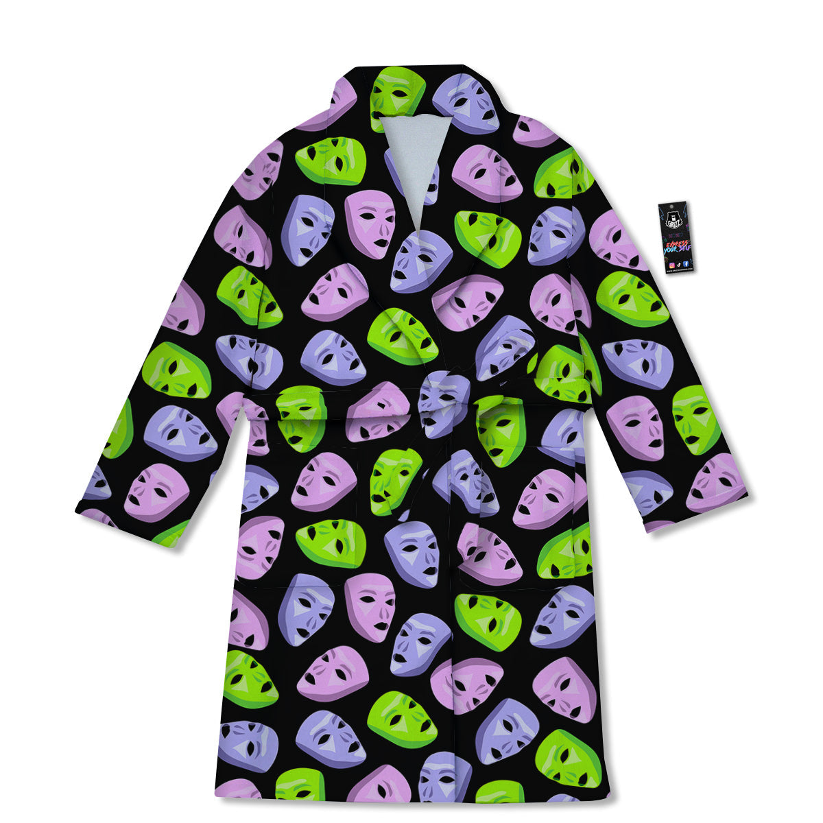 Pink Green And Purple Theater Masks Print Pattern Bathrobe-grizzshop