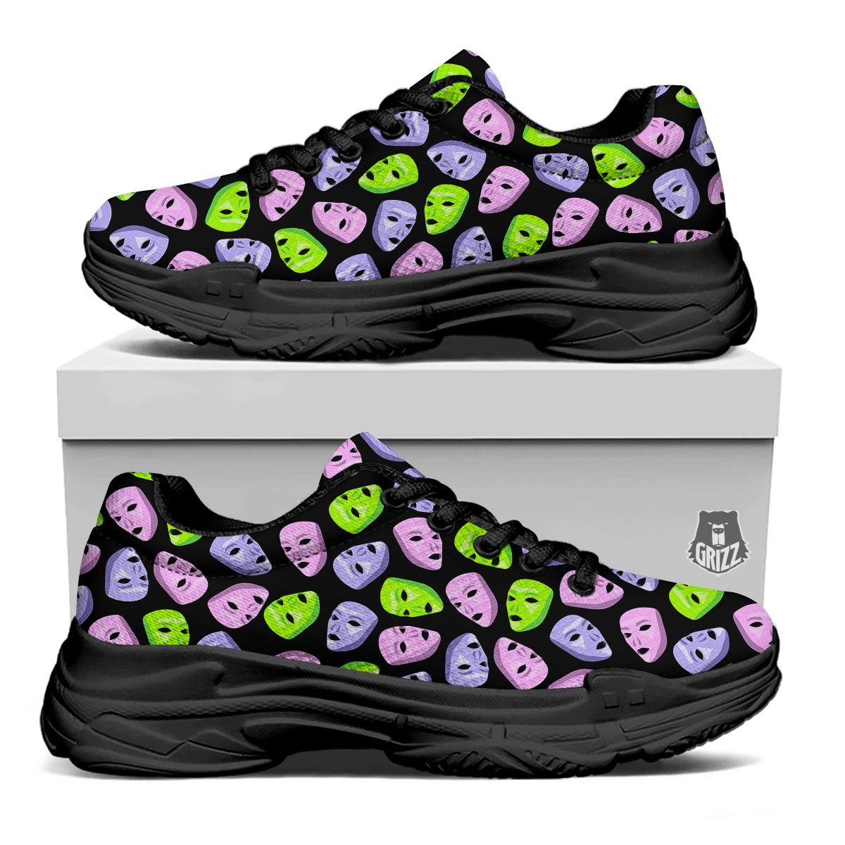 Pink Green And Purple Theater Masks Print Pattern Black Chunky Shoes-grizzshop