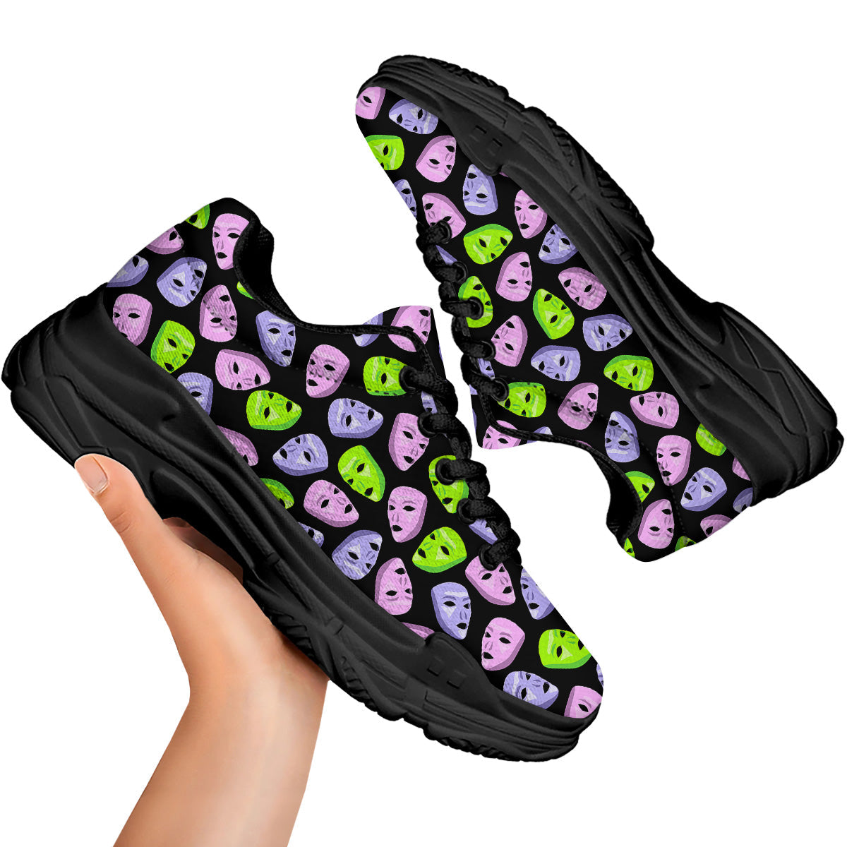 Pink Green And Purple Theater Masks Print Pattern Black Chunky Shoes-grizzshop