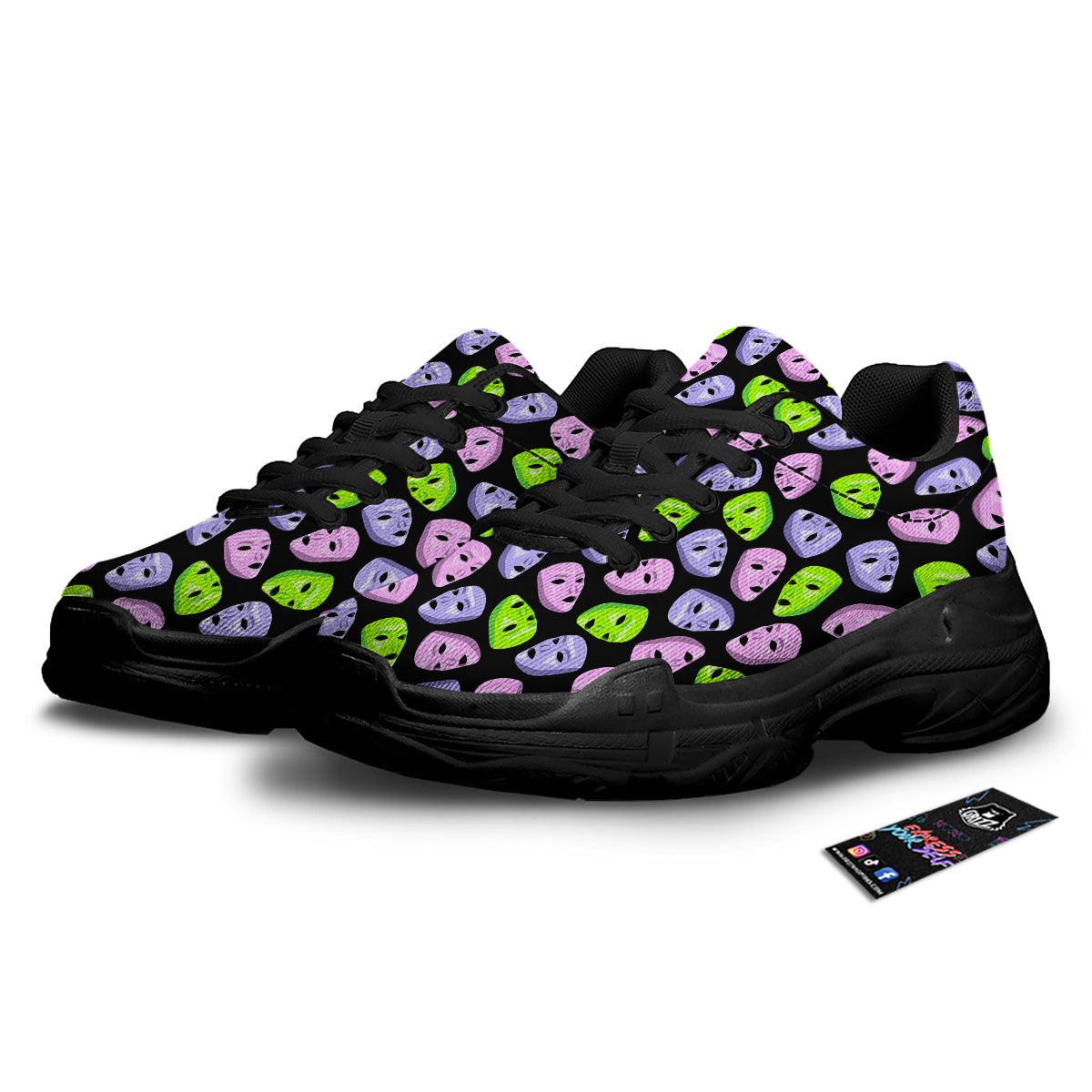 Pink Green And Purple Theater Masks Print Pattern Black Chunky Shoes-grizzshop