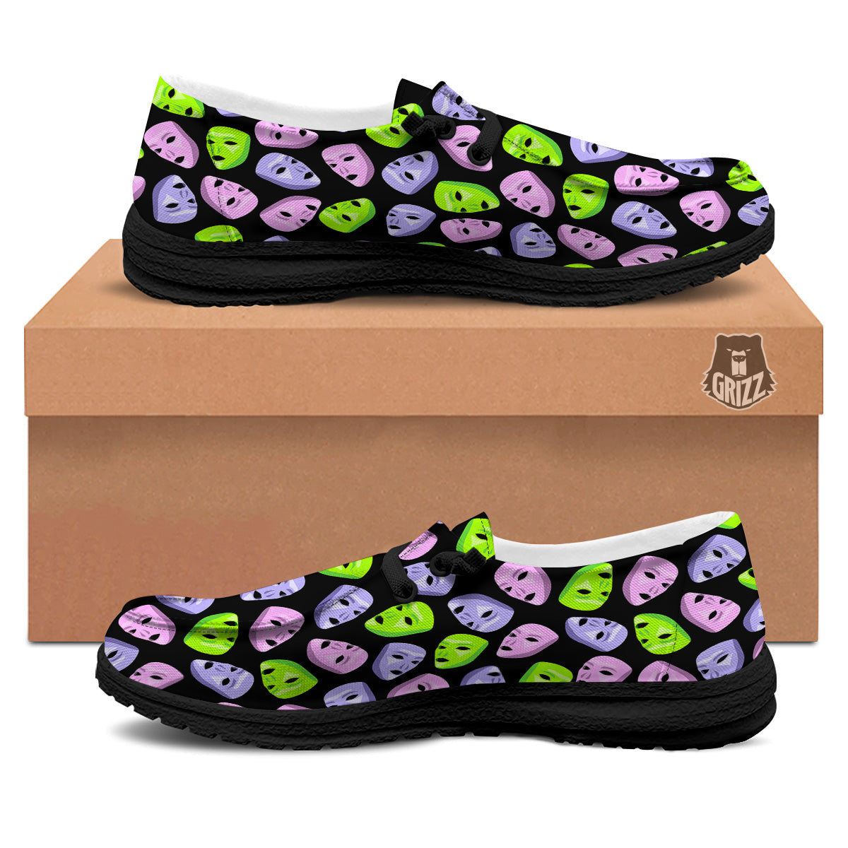 Pink Green And Purple Theater Masks Print Pattern Black Loafers-grizzshop
