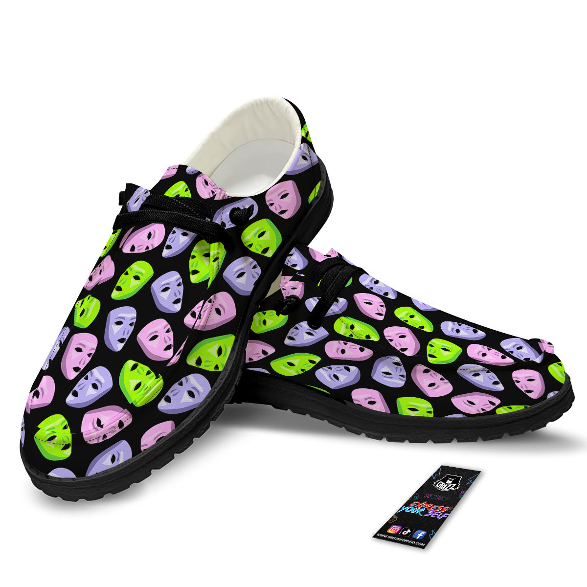Pink Green And Purple Theater Masks Print Pattern Black Loafers-grizzshop