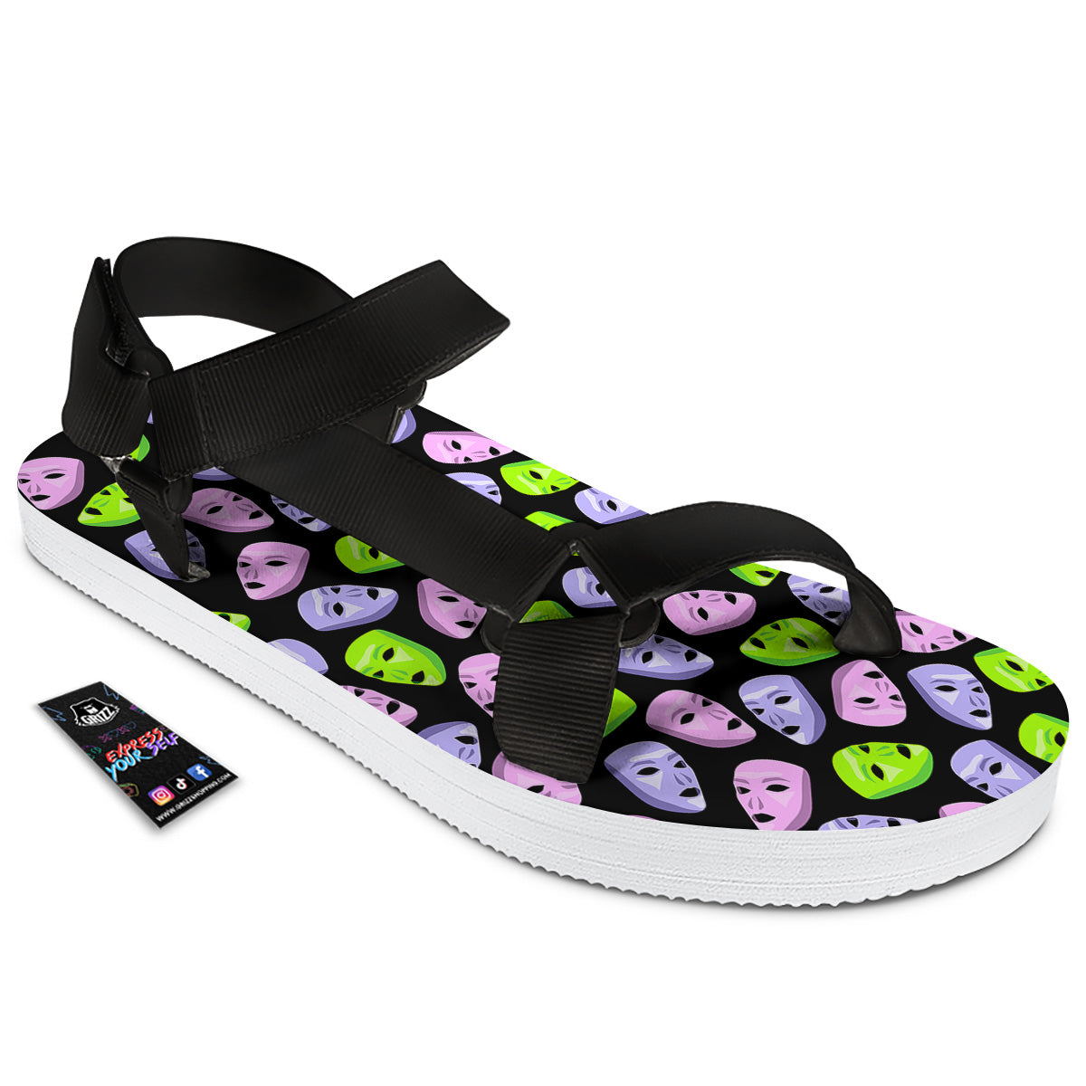 Pink Green And Purple Theater Masks Print Pattern Black Open Toe Sandals-grizzshop