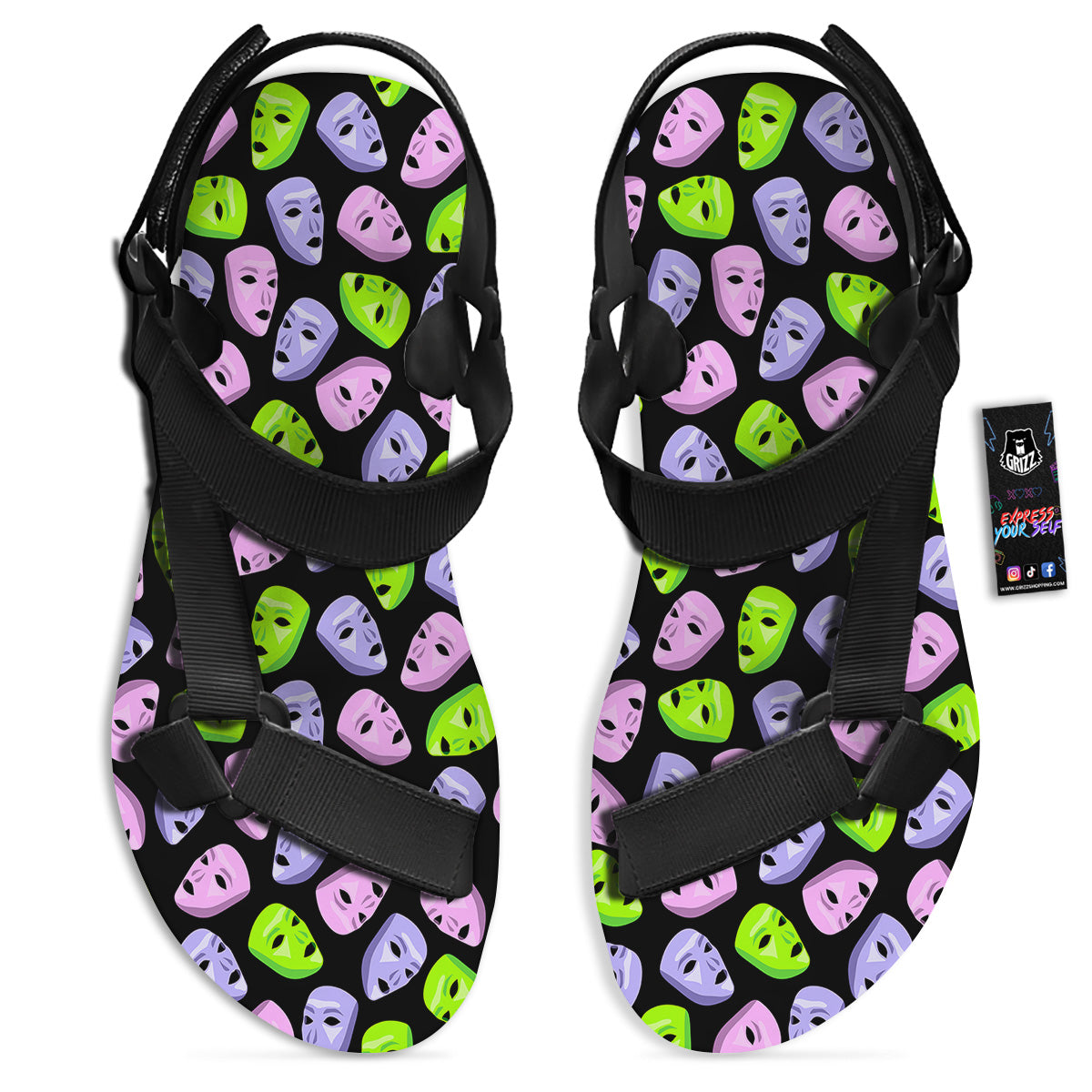 Pink Green And Purple Theater Masks Print Pattern Black Open Toe Sandals-grizzshop