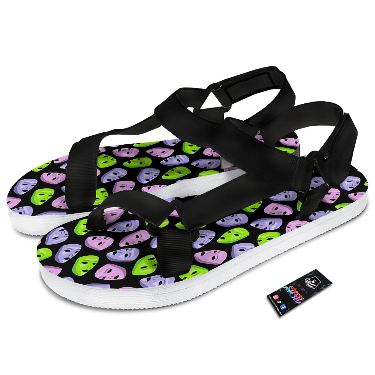 Pink Green And Purple Theater Masks Print Pattern Black Open Toe Sandals-grizzshop