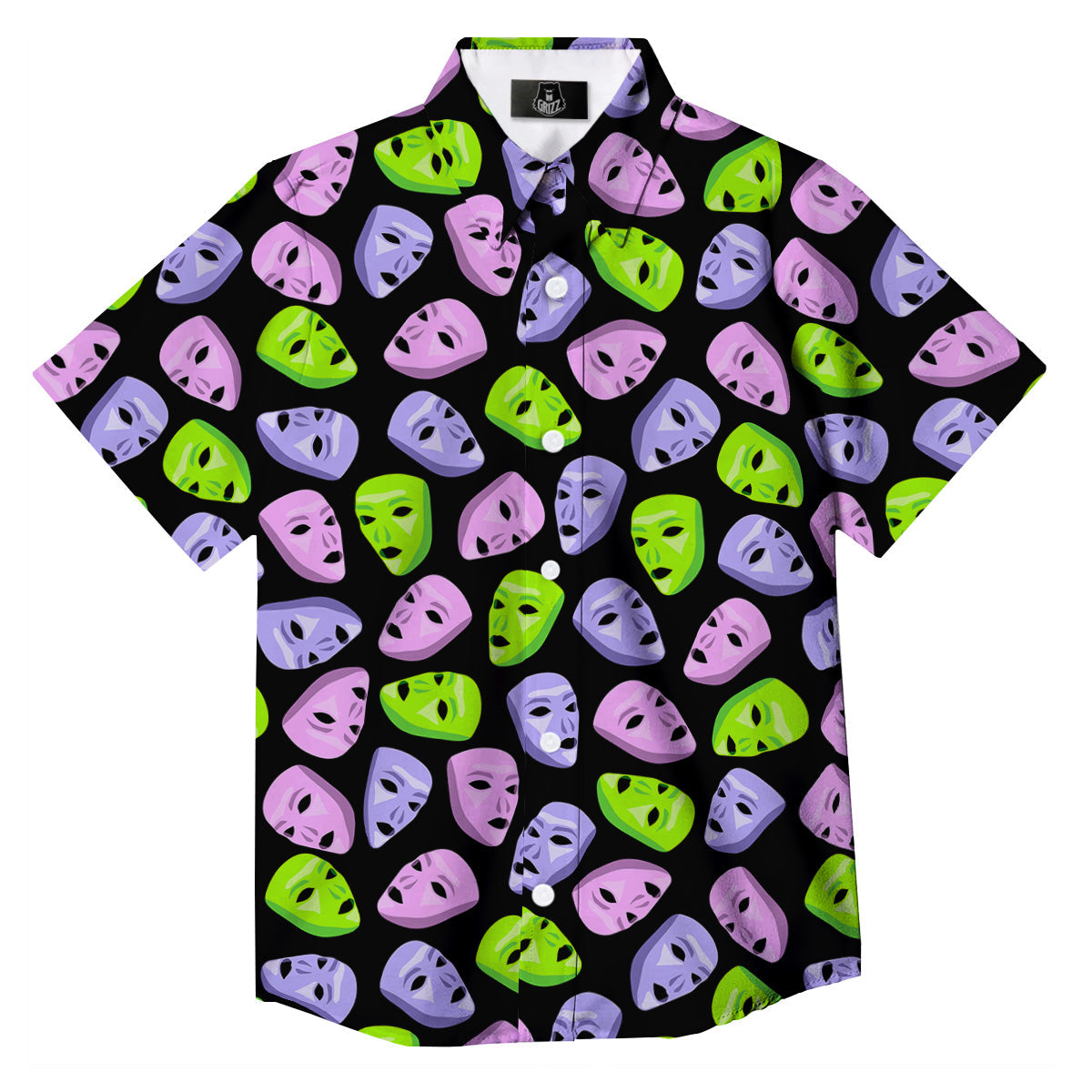 Pink Green And Purple Theater Masks Print Pattern Button Up Shirt-grizzshop